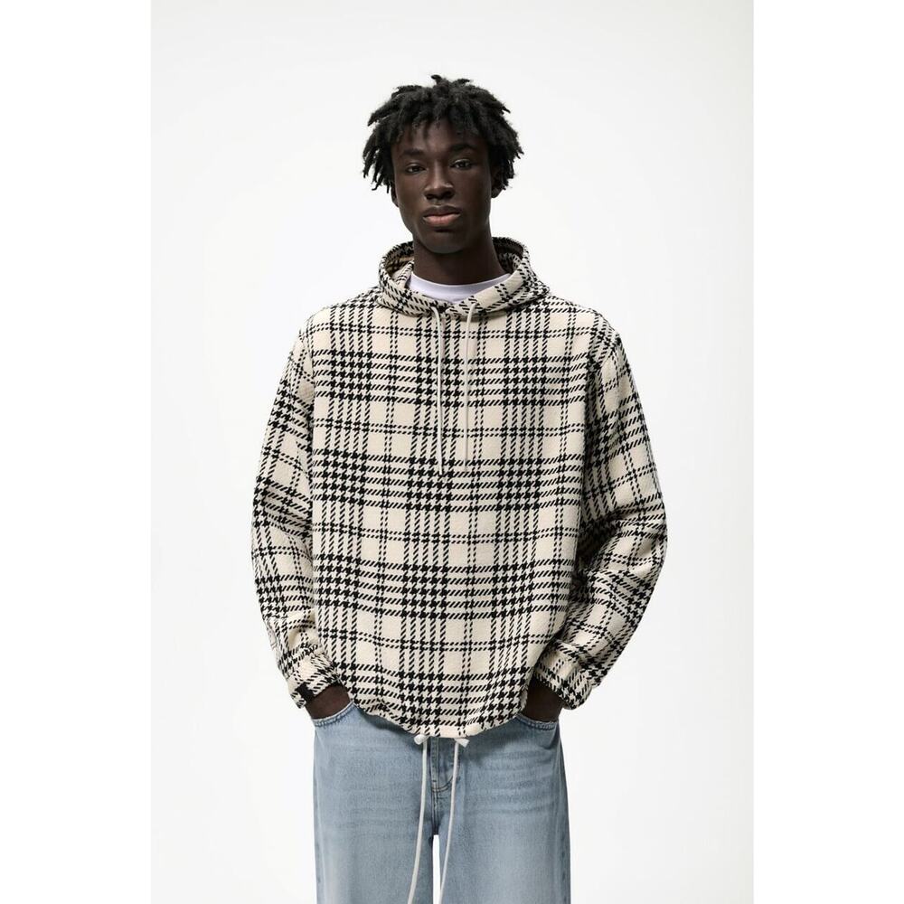 Zara Mens Pullover Hoodie Small Cream Black Houndstooth Plaid Sweatshirt Street‎